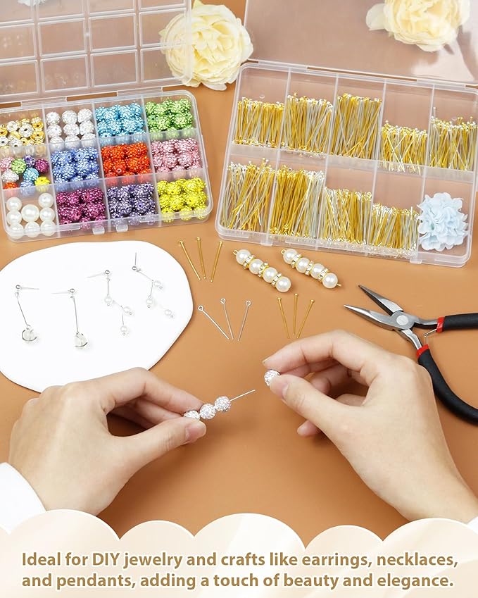 FIVEIZERO 900 PCS Eye Pins and Flat Head Pins for Jewelry Making, Metal Eyepins, Headpins & Ball Head Pins for DIY Earrings, Necklaces, Bracelets, Pendants, 1.2", 1.6", 2", Gold & Silver