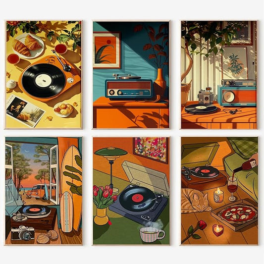 cupmod 6 Packs Vintage Music Paint by Numbers Kit for Adults,Retro Funny Adults Paint by Number Kits on Canvas Without Frame,Easy Acrylic Oil Painting by Numbers Kit for Home Wall Decor 9.8x13.8inch
