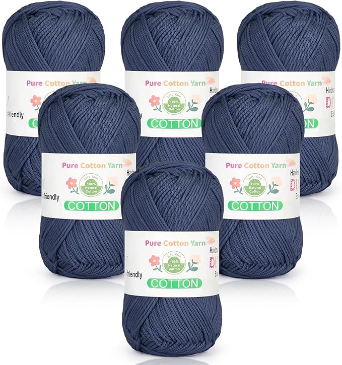 Katech Pure Cotton Yarn for Crocheting & Knitting–Soft Sport Weight CYC #2, 6 Skeins (50g Each, 300g Total), Ideal Crochet Yarn for Dishcloths, Baby Clothes, Socks, Lightweight Scarves（Navy）