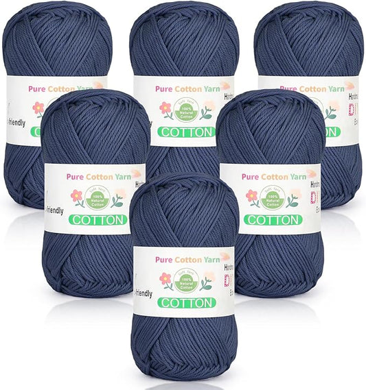 Katech Pure Cotton Yarn for Crocheting & Knitting–Soft Sport Weight CYC #2, 6 Skeins (50g Each, 300g Total), Ideal Crochet Yarn for Dishcloths, Baby Clothes, Socks, Lightweight Scarves（Navy）