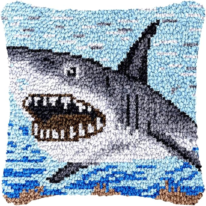 Shark Latch Hook Pillow Kits for Beginner Needle Crochet Yarn Kits with Stamped Canvas Embroidery Cushion Hook and Latch Throw Pillow Christmas Decoration 43x43cm