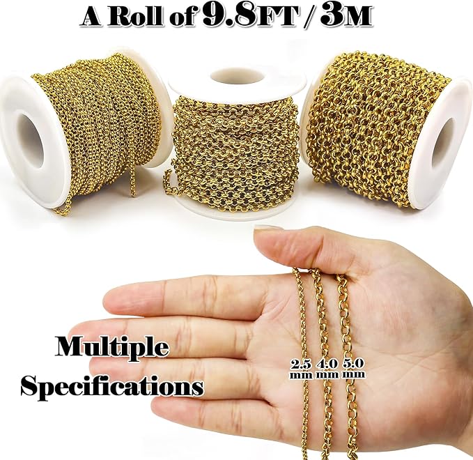 UniCrena 6mm Gold Rolo Chain Jewelry Making Supplies - 9.8ft 3m Link Chain Bulk for DIY Bracelet Hat Chains Decoration