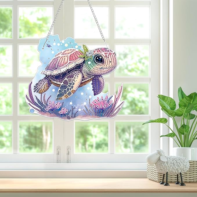 Bowetile Sea Turtle Diamond Art Hanging Kits for Adults, 5D Special Shape Diamond Painting Animals Kits, Animal Gem Art Suncatchers Painting Pendant Ornament for Home Garden Wall Decor