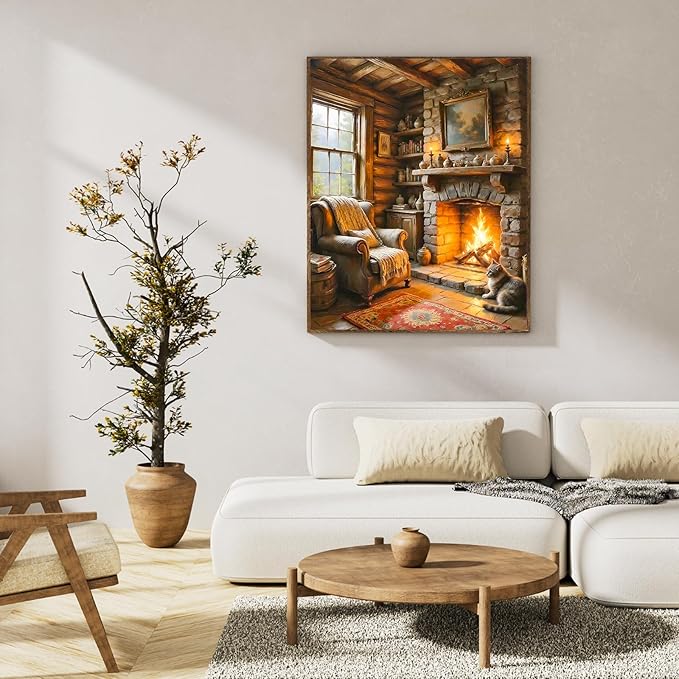 Okarina Paint by Numbers Kit for Adults Beginner Fireplace, Adult Paint by Number Kits on Canvas, Log Cabin DIY Acrylic Oil Painting by Numbers for Adults, Perfect for Home Wall Decor 16X20 Inch