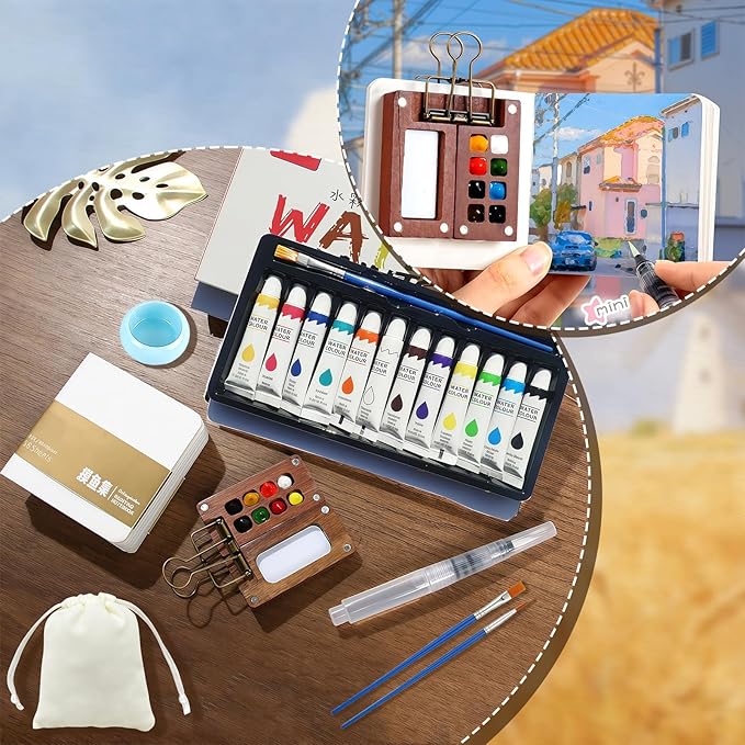 EVOCKAY Portable Watercolor Travel Set - Mini Artist Paint Palette with Clip, 12 Vibrant Colors in 8 Grids, Perfect for Artists, Painters & Students - Wooden Travel Kit