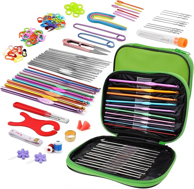 IMZAY 110 Pcs Crochet Hooks Set, Crochet Needles, 0.6mm-6.5mm Ergonomic Crochet Hooks Kit with Storage Case, Crochet Needles Set, Knitting Needles Stitch Marker Craft Art Tools for Beginners, Green