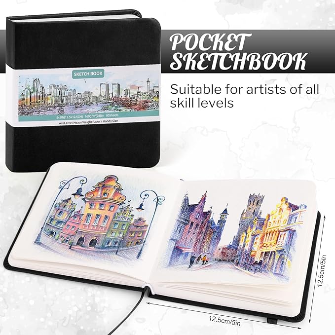 Hardcover Pocket Sketchbook, 5" x 5" Square Mini Sketchbook, 98lb/160gsm Heavyweight Tiny Sketch Book, 80 Sheets Small Travel Drawing Journal for Adults, Artist, Ideal for Gift (Black)