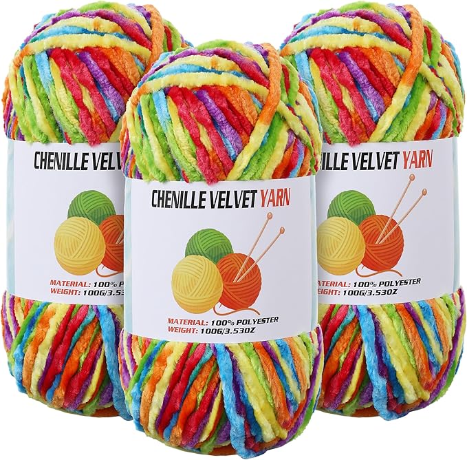 3 * 100g Velvet Chenille Chunky Yarn for Crocheting, Handcrafts Weaving Soft Chenille Yarn for Crocheting Clearance, Used for Making Baby Yarns Blanket, Clothes, Knitting Creations (Bright Rainbow)