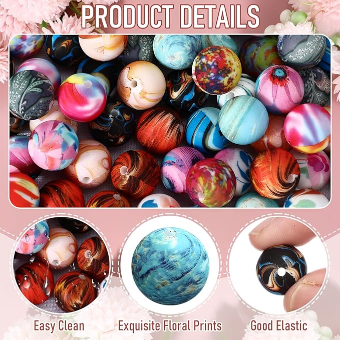 Ferreve 60 Pcs 15mm Silicone Beads Bulk Galaxy Print Round Focal Beads Rubber DIY Silicone Loose Bead for Bracelet Making Kit for Keychain Pens Necklace Bracelets Jewelry Making