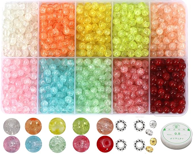 1450pcs Crackle Glass Beads Handcrafted Round Lampwork Smooth Loose Beads for Bracelet & DIY Jewelry Making 6mm Mixed