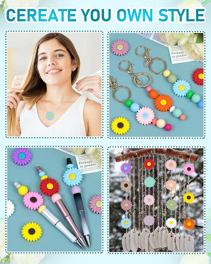 30PCS FIVEIZERO Focal Beads – Sunflowers Beads,Sunflowers Focal Bead Bulk, Flower Shape Silicone Loose Beads for Pens, Necklaces，Bracelets and Keychain Making
