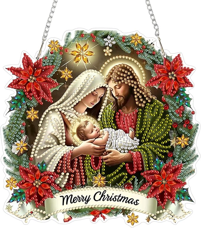 SENQAO Jesus Diamond Art Hanging Kits for Adults Kids, Christmas Diamond Art Suncatchers, 5D Special Shape Diamond Painting Pendant Window Ornament Gifts for Home Garden Door Wall Decor