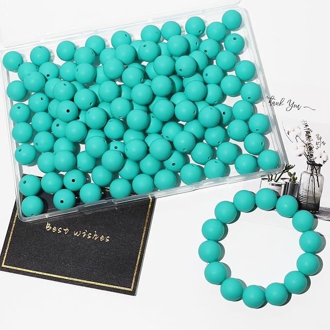 120pcs Richbunnys 15mm Bulk Silicone Beads for Pens and Keychain Making,Large Bead for Necklace and Bracelets Making,Assorted Rubber Beads Set for Crafts(Turquoise)
