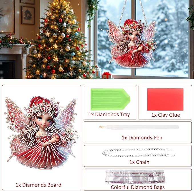 SENQAO Fairy Diamond Art Hanging Kits for Adults, Christmas Diamond Art Suncatchers, 5D Special Shape Diamond Painting Pendant Window Ornament Gifts for Home Garden Door Wall Decor