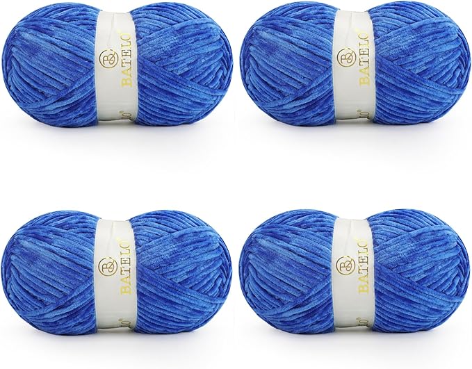 Velvet Chenille Yarn for Crocheting & Knitting 1440 Yards, Soft Thick Fluffy Bulky Blanket Yarn, 4 Pack of 10.5oz (Klein Blue)