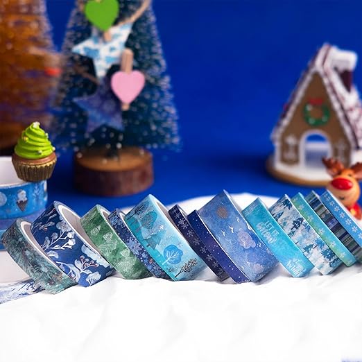 YUBX Winter Washi Tape Set 19 Rolls Skinny Snow Embellishment Blue Silver Foil Decorative Masking Tapes for Arts, DIY Crafts, Journals, Planners, Scrapbook, Wrapping
