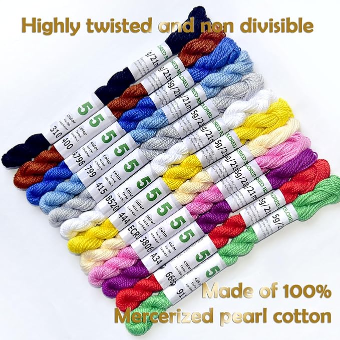 Mercerized Pearl Cotton Crochet Needlepoint Thread,Size 5, 12 skeins,12 Mixed Colors,21 M/Skein