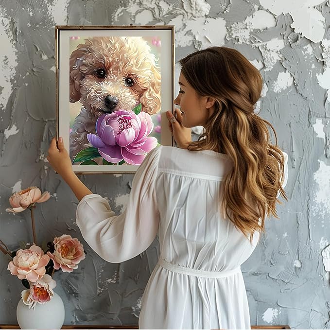 NAIMOER Puppy Diamond Painting Kits for Adults, DIY 5D Diamond Painting Aniamsls, Full Drill Dog and Flowers Diamond Art Kits Perfect for Relaxation and Home Wall Decor 30x40cm