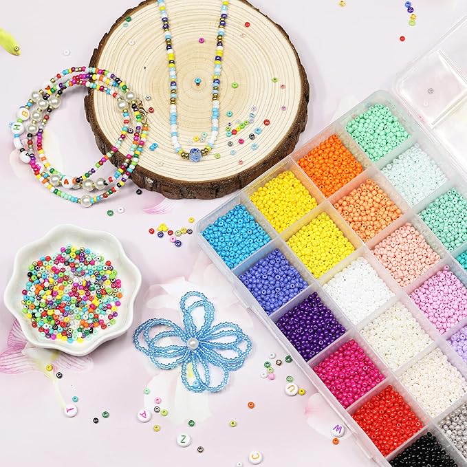 8/0 3mm Glass Seed Beads About 7200pcs 24 Colors Loose Craft Kit Earring Making Seed Beads with 24-Grid Plastic Storage Box for Jewelry Making