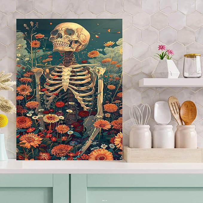 Meothan Diamond Art Kits for Adults, 5D DIY Skull Flowers Diamond Painting Kits for Beginners, Diamond Dots Gem Arts Crafts Kits for Living Room Bedroom Home Wall Decor Offices12X16 Inch
