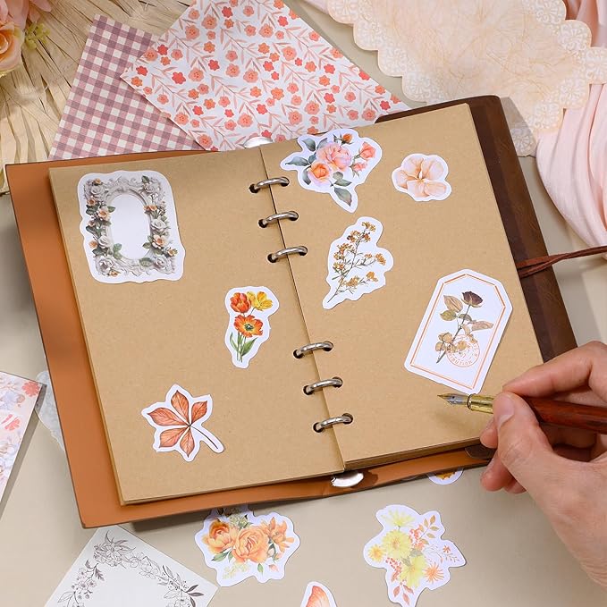 TIESOME 100pcs Vintage Floral Scrapbook Paper and Journaling Stickers Assorted Set, Memo Labels for Junk Journal Planner Collage Card Album Decor(Yellow)