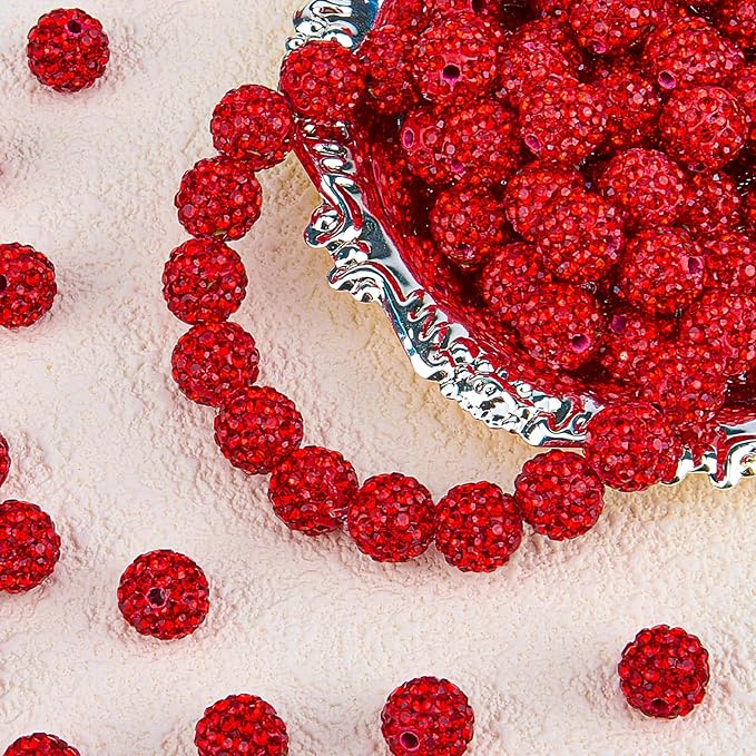 100Pcs 10mm Red Rhinestone Beads for Jewelry Making, Shiny Round Disco Ball Sparkly Beads Bulk with 10-Grid Storage Box for DIY Baseball Necklaces Shamballa Bracelets