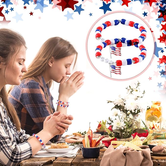 Zeyune 30 Sets Memorial Day Beaded Bracelet Kit, 1029 Pcs Red White Blue DIY Patriotic Bracelet Making Set with USA Letter Beads, Flag Charms, Cards and Bags for Memorial Day Party Favors
