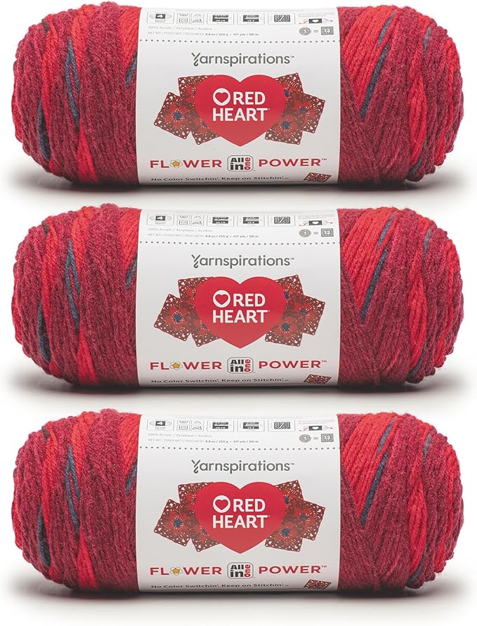 Red Heart All in ONE Flower Power Burgundy Blossom Yarn - 3 Pack of 8.8oz/250g - 100% Acrylic - #4 Worsted (Medium) - 440 Yards - Knitting/Crochet