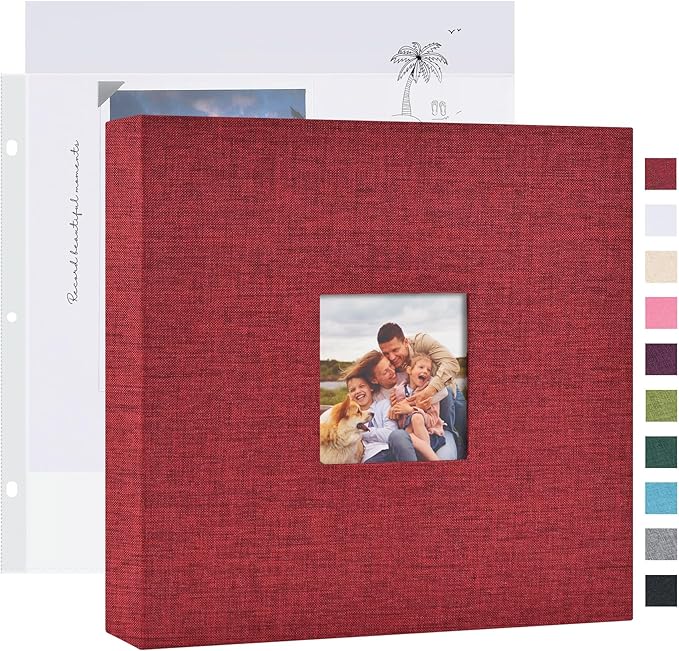 Mublalbum 8x8 Inch DIY Scrapbook Photo Album with 20 Plastic Sleeves 40 Pages Linen Cover 3 Ring Folder Binder for Wedding Baby Family and DIY Projects (Red)