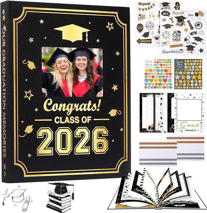 Pasimy Graduation Scrapbook Kit A4 Photo Album 60 Pages Removable DIY Memory Scrap Book Grad Picture Album with Stickers Holds 4x6 5x7 8x10 Pictures for Grad Class of 2026 Graduation Gifts(2026)