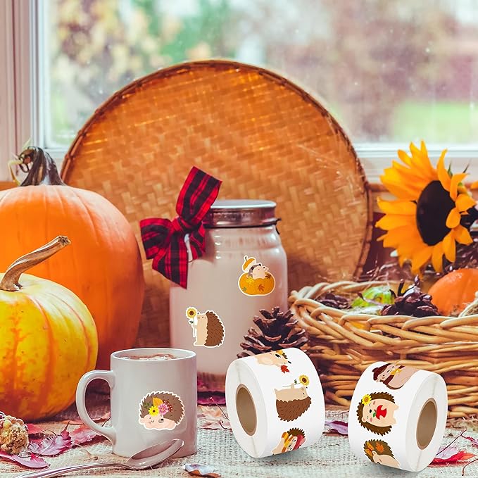 beyumi fall cute hedgehog sticker - 1000pcs fall hedgehog stickers in 2 rolls autumn thanksgiving adhesive kawaii animal decals fall holiday party favor supplies classroom office bottle decor for kids