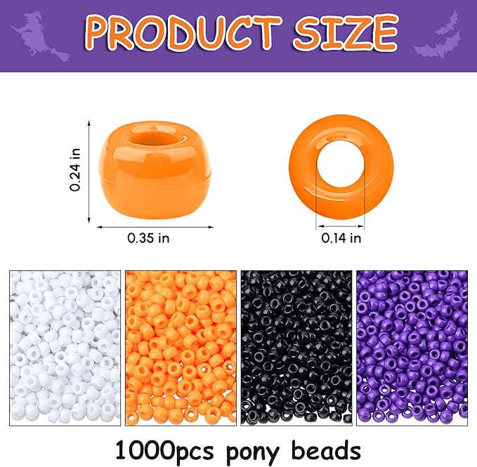 1000 Pcs Halloween Pony Beads, Colorful Beads for Bracelets Jewelry Making, Plastic Hair Bead for Braids for Craft, Gifts for Friend(Black, White, Orange, Purple)