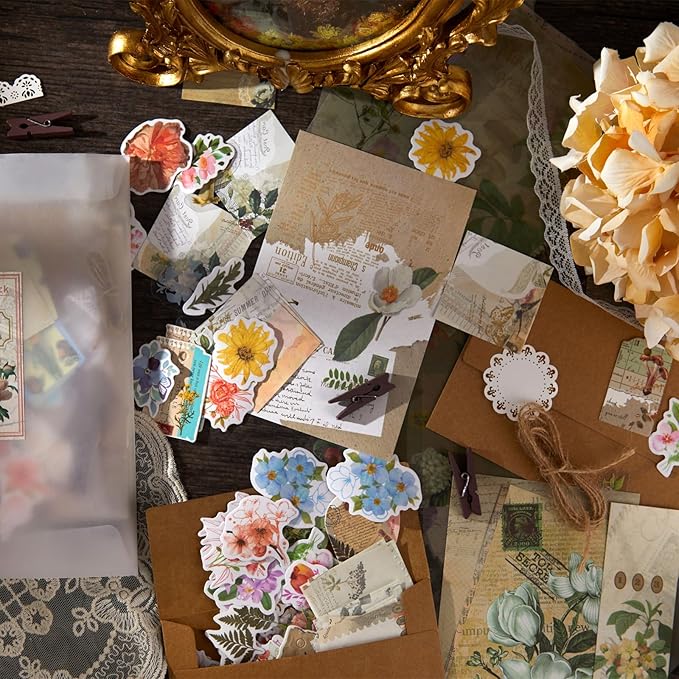 Flartmo 313 Pcs Complete Scrapbook Supplies Kit, Vintage Scrapbook Paper & Nature Flower Stickers, Junk Journal Scrapbooking Supplies Kit for Journaling, Scrapbooking Embellishments, Planner, Card