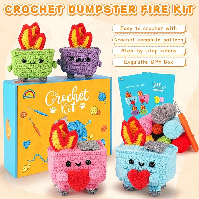 crochet kit for beginners, 4pcs dumpster fire crochet starter kit with step-by-step video tutorials, emotional positive support beginner crochet kits for adults women, funny crochet gifts valentine