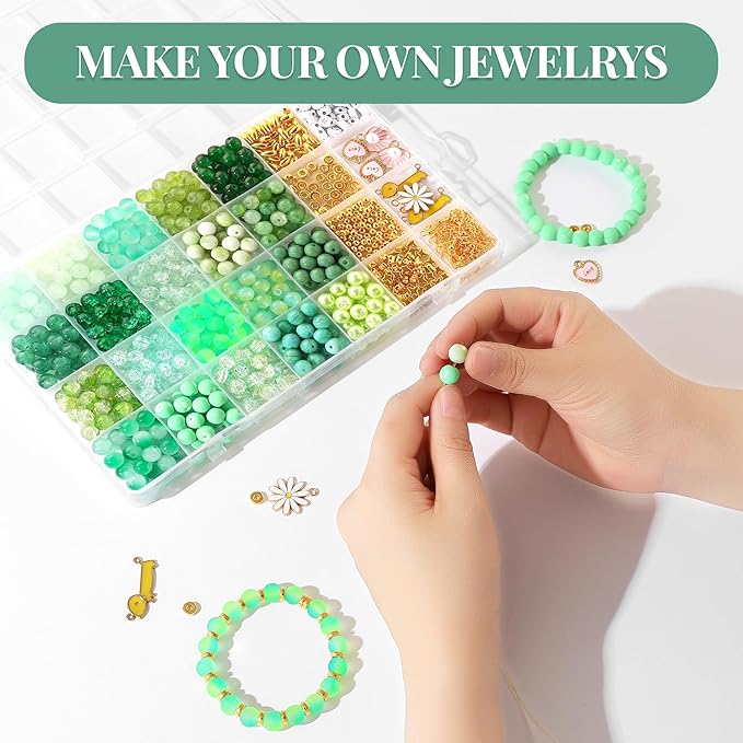 905Pcs Green Glass Beads Jewelry Making Kit for Woman - 8mm Crystal Beads for Bracelets Making with Beaded Plant & Alloy Charms for Boho Friendship Bracelets Necklace Earrings DIY Plant Making