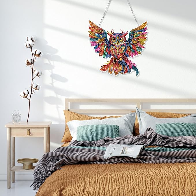 HEIBAGO Owl Hanging Diamond Art Kits for Adults, Special Shaped Crystal Diamond Painting Ornament Kit, DIY Double-Sided Pattern Window Pendant Gem Art Kit for Home Wall Decor 8.3x8.3inch