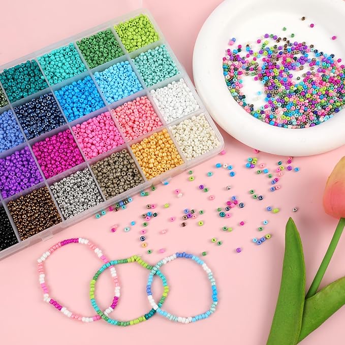 Miss Rabbit 13000pcs 3mm Glass Seed Beads 24 Colors Small Craft Beads Small Beads for DIY Bracelet Necklace Ring Craft Jewelry Making, with Scissor and Two Clear Bracelet String (540pcs per Color