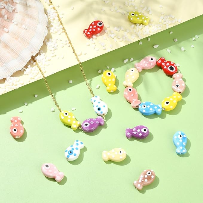 20Pcs Polka Dot Fish Ceramic Porcelain Beads for Jewelry Making 10 Colors Ocean Sea Beach Animal Spacer Beads for DIY Necklaces Earrings Bracelets Keychains Jewelry Findings Accessories