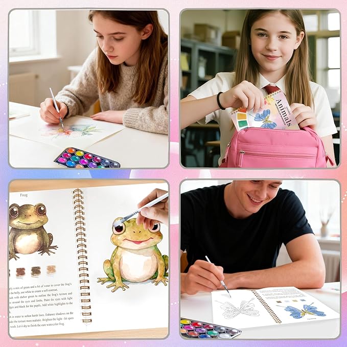 Watercolor Workbook Spring Animal Coloring Book with 18 Colors Water Color Tutorial Instruction Painting Book Travel Kit Paint Set for Adults Beginners Artists