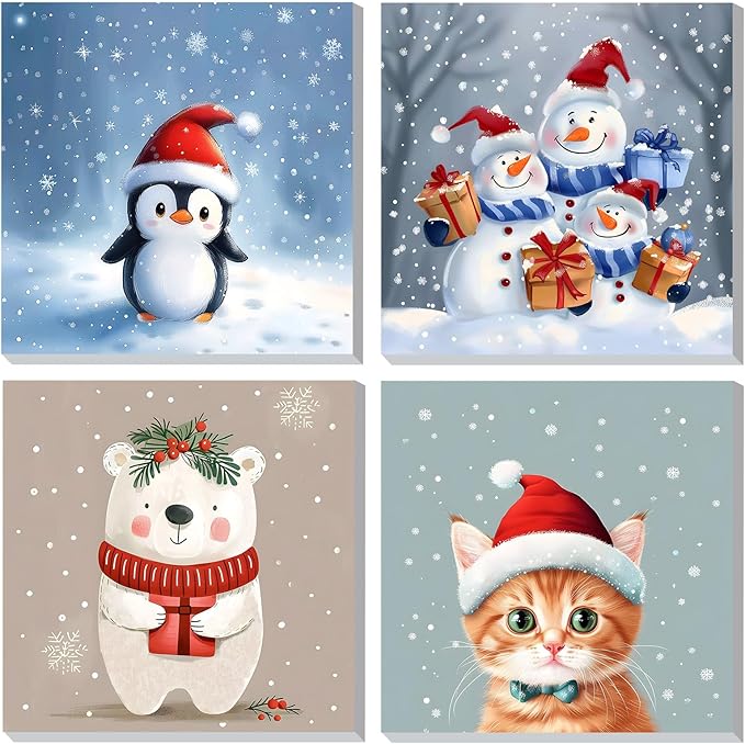 DOMROM 4 Pack Framed Paint by Numbers Snowman for Kids Beginners, Adult Paint by Number Kits Cat on Canvas, Acrylic Number Painting Christmas Craft Kits for Gift Home Decor 8x8in