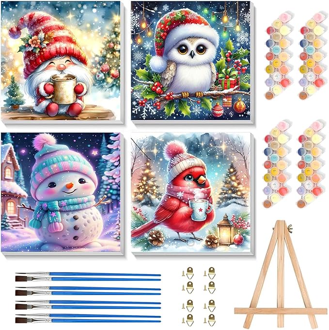 4 Pack Christmas Paint by Number for Kids with Wooden Frame, Paint by Numbers for Kids Xmas Ages 4-8-12, Easy Cardinal Gnome Snowmen Owl DIY Acrylic Oil Painting Kits for Home Wall Decor (8X8 inch)