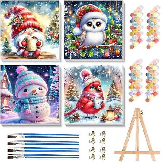 4 Pack Christmas Paint by Number for Kids with Wooden Frame, Paint by Numbers for Kids Xmas Ages 4-8-12, Easy Cardinal Gnome Snowmen Owl DIY Acrylic Oil Painting Kits for Home Wall Decor (8X8 inch)