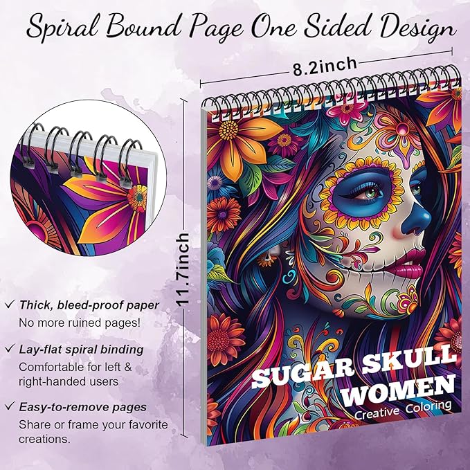 Sugar Skull Coloring Book for Adult Women Relaxation, Spiral Bound, Printed Single-Sided, Adult Coloring Book for Women with 24 Pages Arts and Crafts Sugar Skull Mindfulness Gift