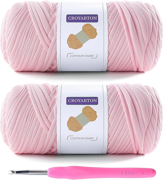 2 Pack T Shirt Yarn for Crocheting with 1 Crochet Hook, Elastic Tshirt Yarn for Crochet Bag/Baskets/Home Decor, Spaghetti Yarn Thick Knitting Yarn Total Length 130 Yds (Cherry Blossom Powder)