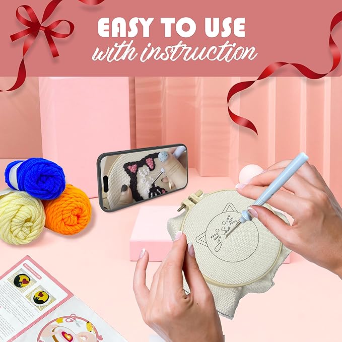 Punch Needle Kit for Beginners Adults Easy Needle Punch Embroidery Tool Set Including Threader Instruction Fabric Hoop Yarn Coaster DIY Making Kit Supplies,Set of 8 Cat Cute Pet Art Crafts Gifts