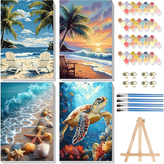 4 Pack Paint by Numbers for Adults with Framed Canvas - with Wooden Easel, Beach Paint by Number on Canvas, DIY Sea Turtle Acrylic Oil Painting Kits with Brushes for Home Wall Decor (8x12 inch)