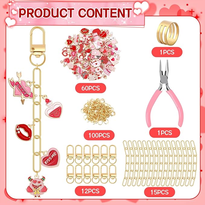 AUGSUN 189Pcs Valentines Keychain Making Kit, Valentines Day Charm Jewelry Chain Making Crafts, 60 Charms 12 Keychain Clips Hooks 15 Extender Chains 100 Jump Ring and Jewelry Plier