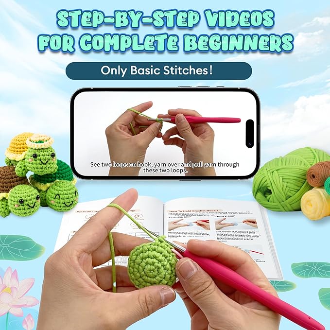Totiro Crochet Kit for Beginners, Turtle Amigurumi Starter Kit, Easy DIY Craft Set with Step-by-Step Video Tutorials, 3 Pack Animal Crochet Pattern Learning Kit for Teens Adults Birthday Gift