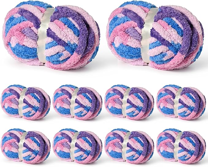 10 Pack Jumbo Chunky Yarn for Hand Knitting, Fluffy Variegated Chunky Chenille Yarn for Crocheting, 240yds/70.5oz Super Bulky Soft Crochet Baby Blanket Yarn(Blue-Pink-Purple)