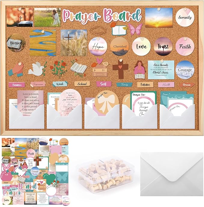 Boho Prayer Board Kit - 114 Pcs Prayer Board Supplies with Pins Envelope Bible Verse Quotes Cards Colorful Motivational Vision Boards Decorations, Bible Study Supplies (Not Including Board)